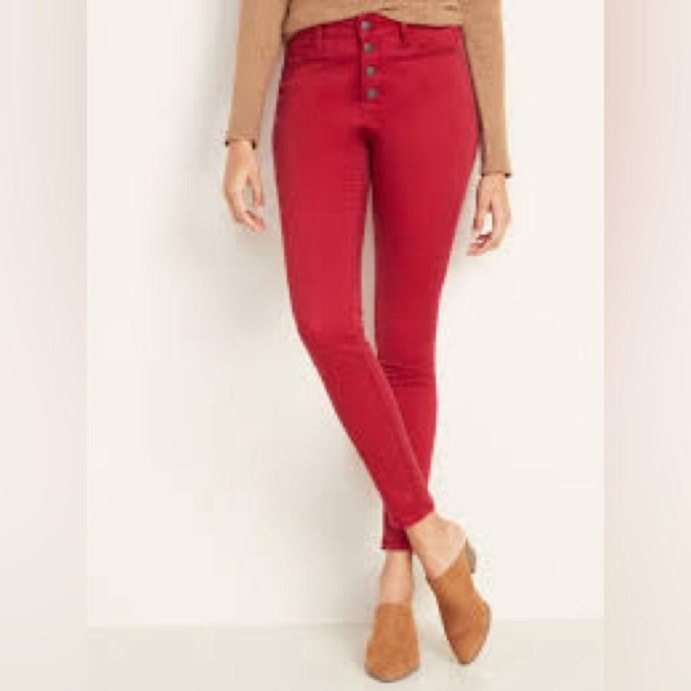 Old Navy Rockstar Super Skinny High Rise Sateen Button Fly Jeans Women Sz 2 Red